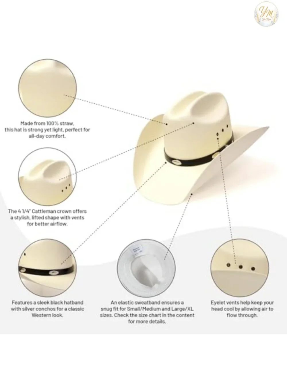 Straw Cowboy Hat Cattleman Style with Black Hat Band and Silver Conchos for Men